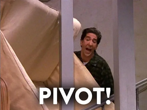 Ross Geller from friends carrying a couch up the stairs and yelling pivot! I F-ed Up blog from SSM Business Collective